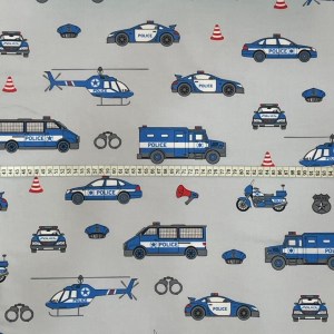Gyerekmintás pamutvászon rendőr autó mintájú szürke alapszín 160cm