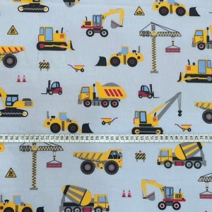 Gyerekmintás pamutvászon munkagép mintájú szürke alapon 160cm
